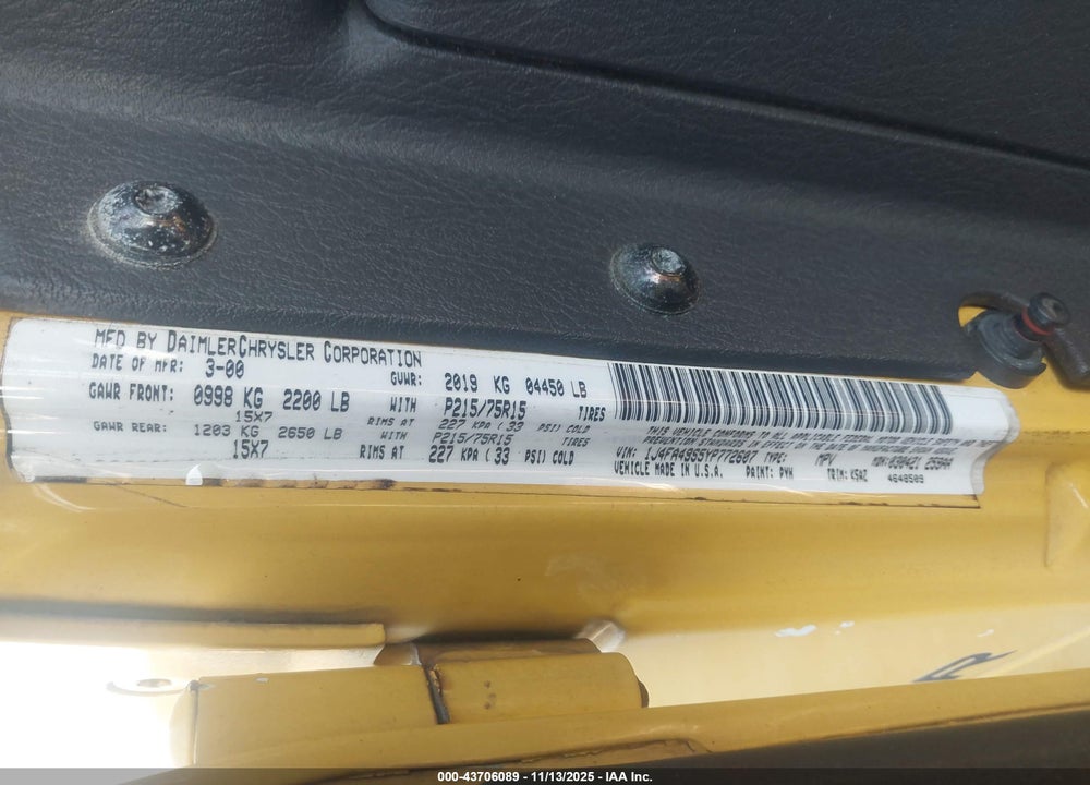 2000 JEEP WRANGLER SPORT VIN: 1J4FA49S5YP772607