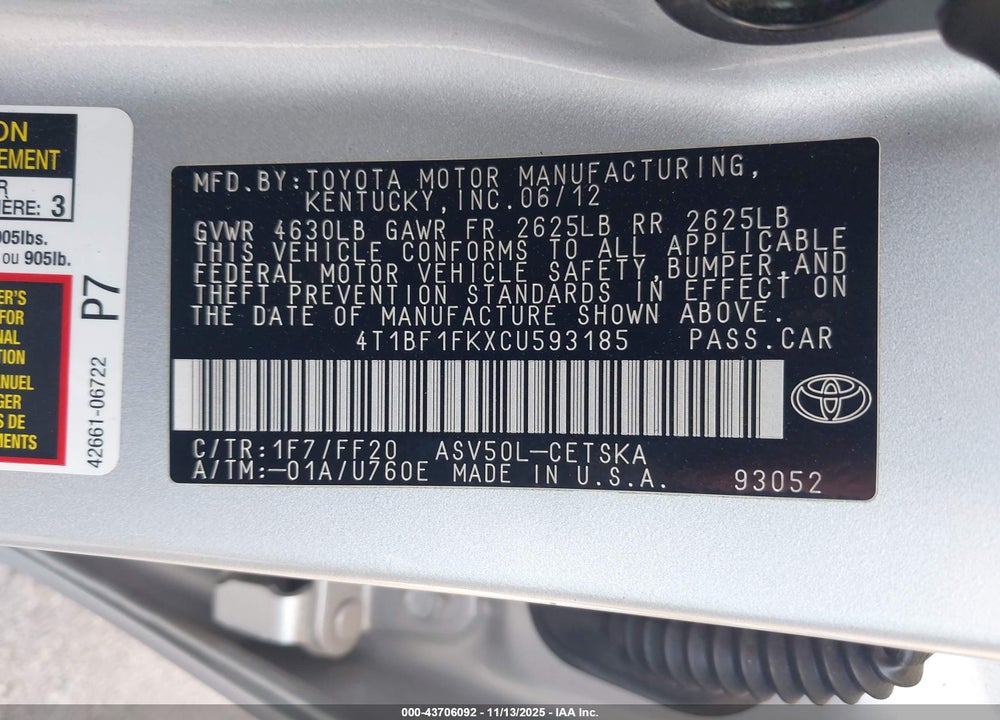 2012 TOYOTA CAMRY SE VIN: 4T1BF1FKXCU593185