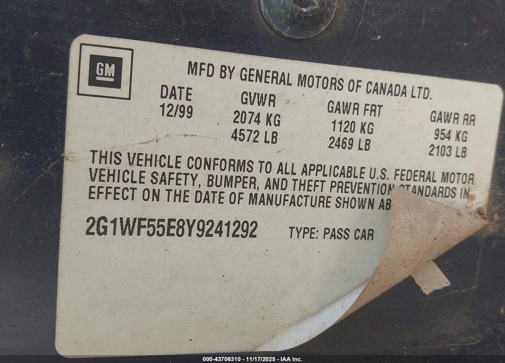 2000 CHEVROLET IMPALA VIN: 2G1WF55E8Y9241292