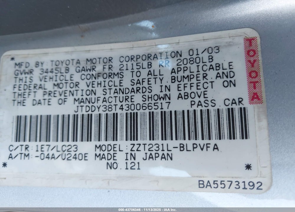 2003 TOYOTA CELICA GTS VIN: JTDDY38T430066517