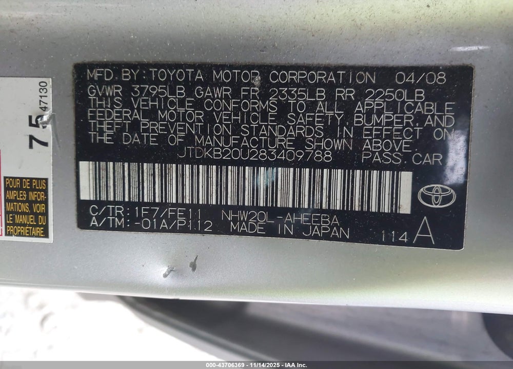 2008 TOYOTA PRIUS STANDARD VIN: JTDKB20U283409788