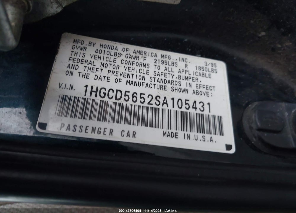 1995 HONDA ACCORD EX VIN: 1HGCD5652SA105431