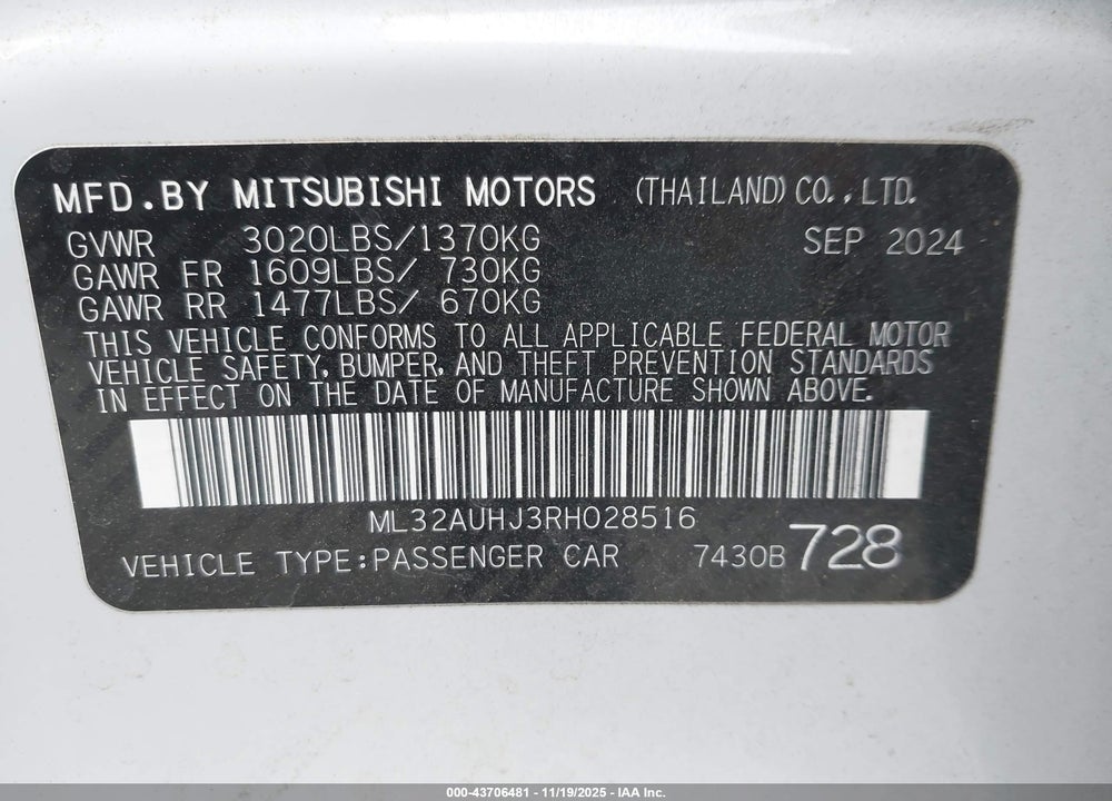 2024 MITSUBISHI MIRAGE ES/LE VIN: ML32AUHJ3RH028516
