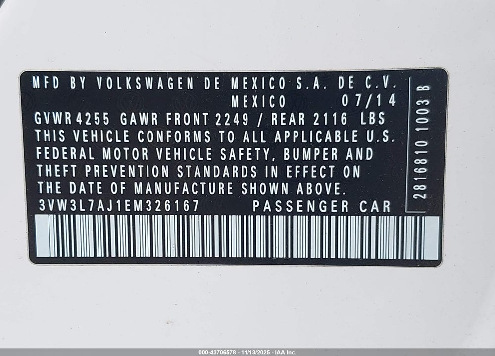 2014 VOLKSWAGEN JETTA VIN: 3VW3L7AJ1EM326167