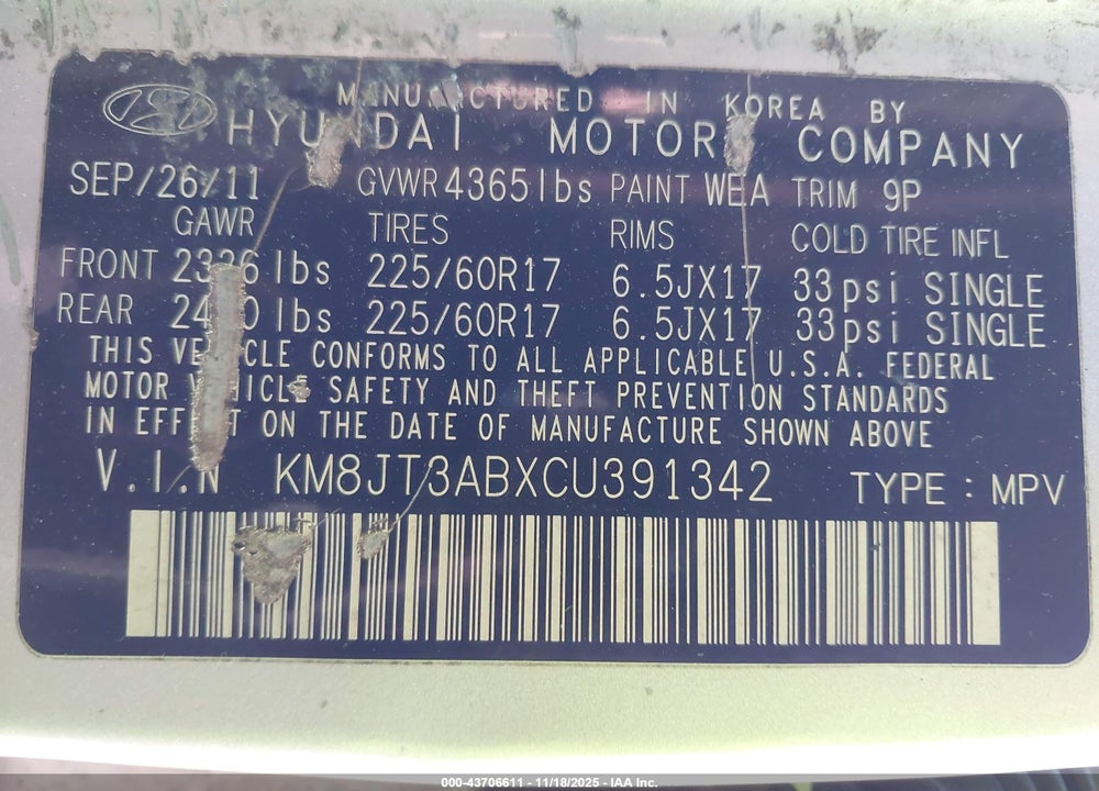 2012 HYUNDAI TUCSON GL VIN: KM8JT3ABXCU391342