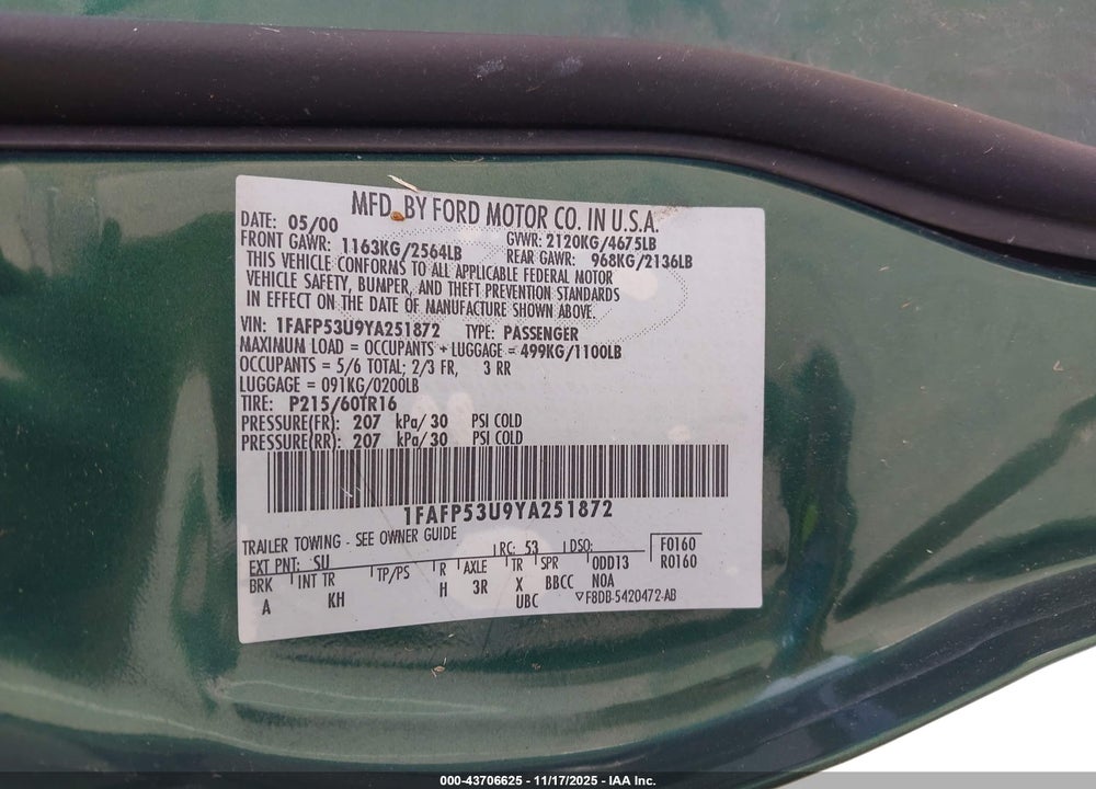 2000 FORD TAURUS SE VIN: 1FAFP53U9YA251872