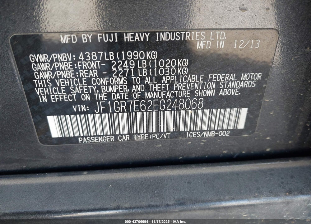 2014 SUBARU IMPREZA WRX VIN: JF1GR7E62EG248068