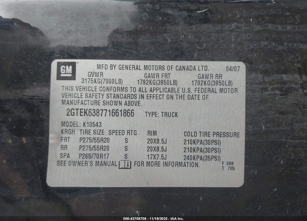 2007 GMC SIERRA 1500 DENALI VIN: 2GTEK638771661866
