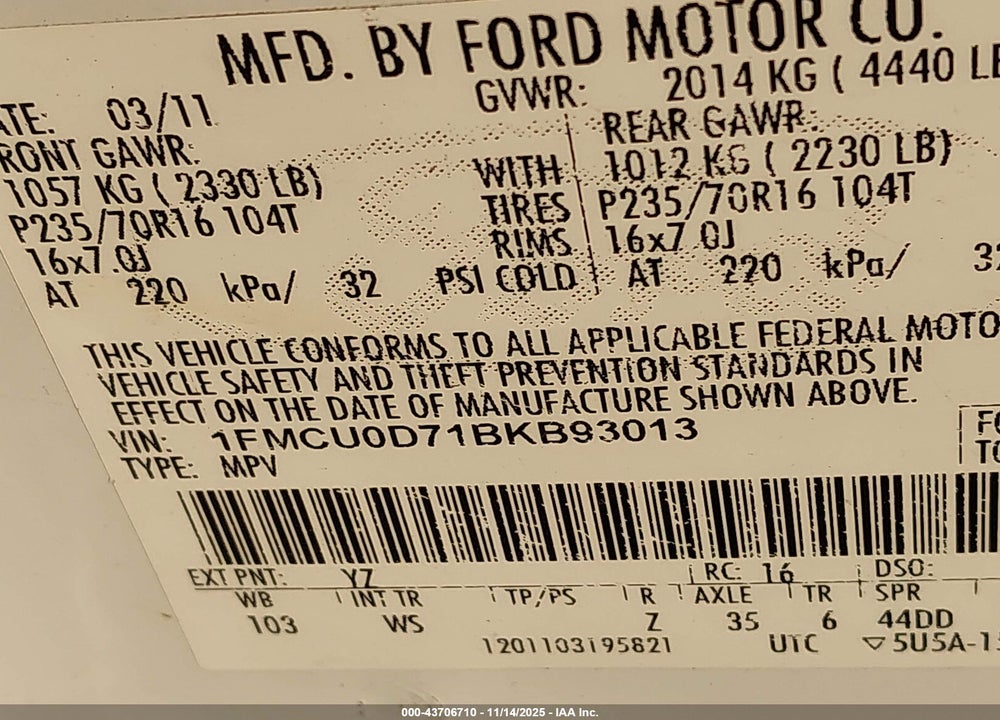 2011 FORD ESCAPE XLT VIN: 1FMCU0D71BKB93013