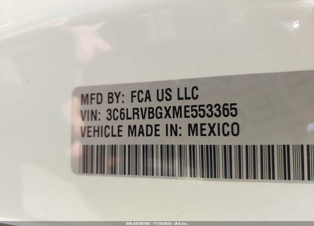 2021 RAM PROMASTER 1500 HIGH ROOF 136 WB VIN: 3C6LRVBGXME553365