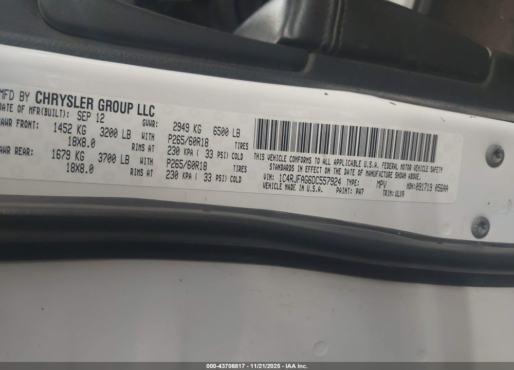 2013 JEEP GRAND CHEROKEE LAREDO VIN: 1C4RJFAG6DC557924