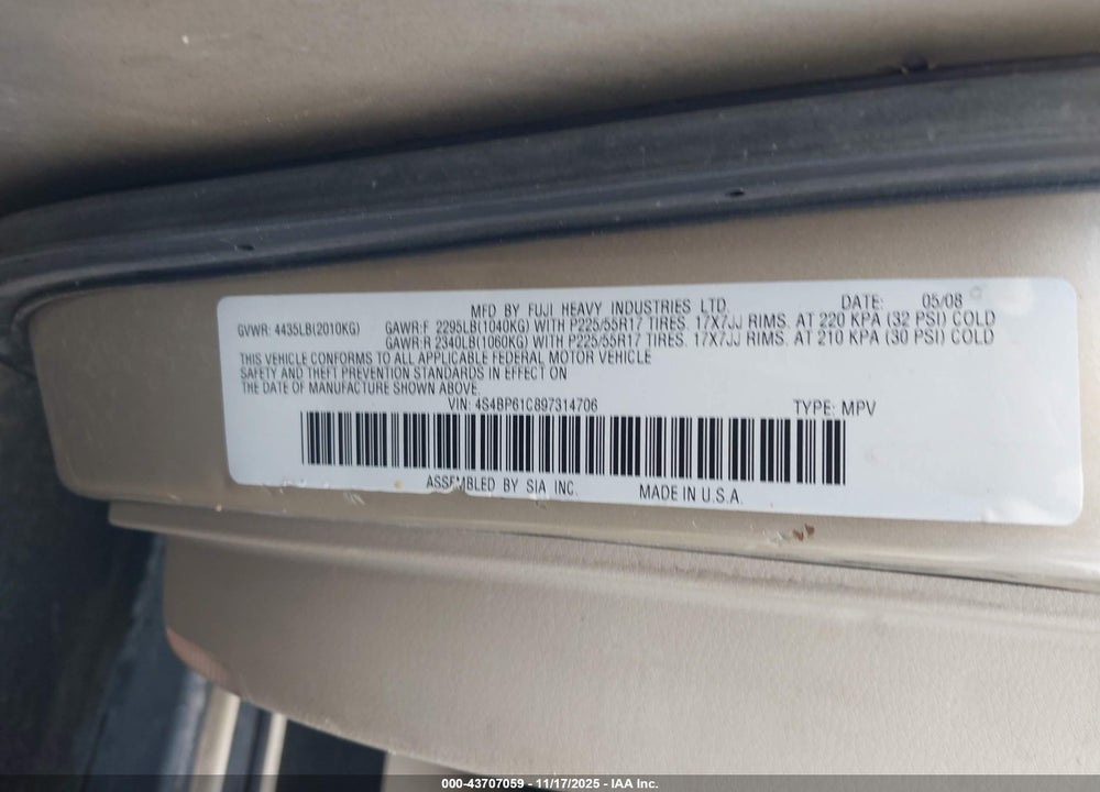 2009 SUBARU OUTBACK 2.5I VIN: 4S4BP61C897314706