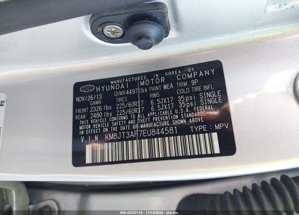 2014 HYUNDAI TUCSON GLS VIN: KM8JT3AF7EU844581