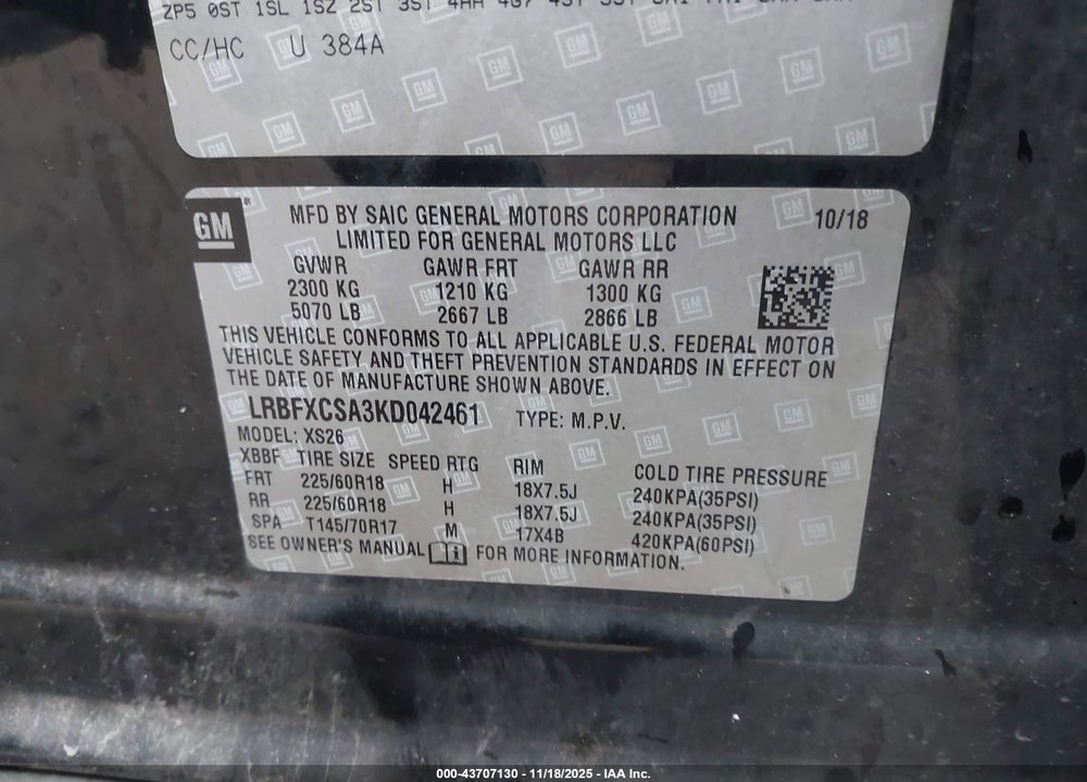 2019 BUICK ENVISION FWD ESSENCE VIN: LRBFXCSA3KD042461