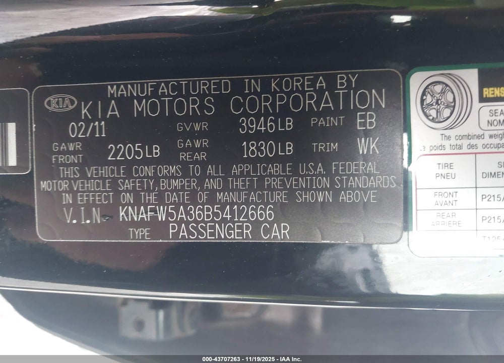 2011 KIA FORTE VIN: KNAFW5A36B5412666