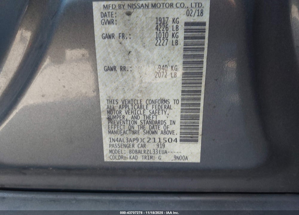 2018 NISSAN ALTIMA 2.5 SL VIN: 1N4AL3AP9JC211504