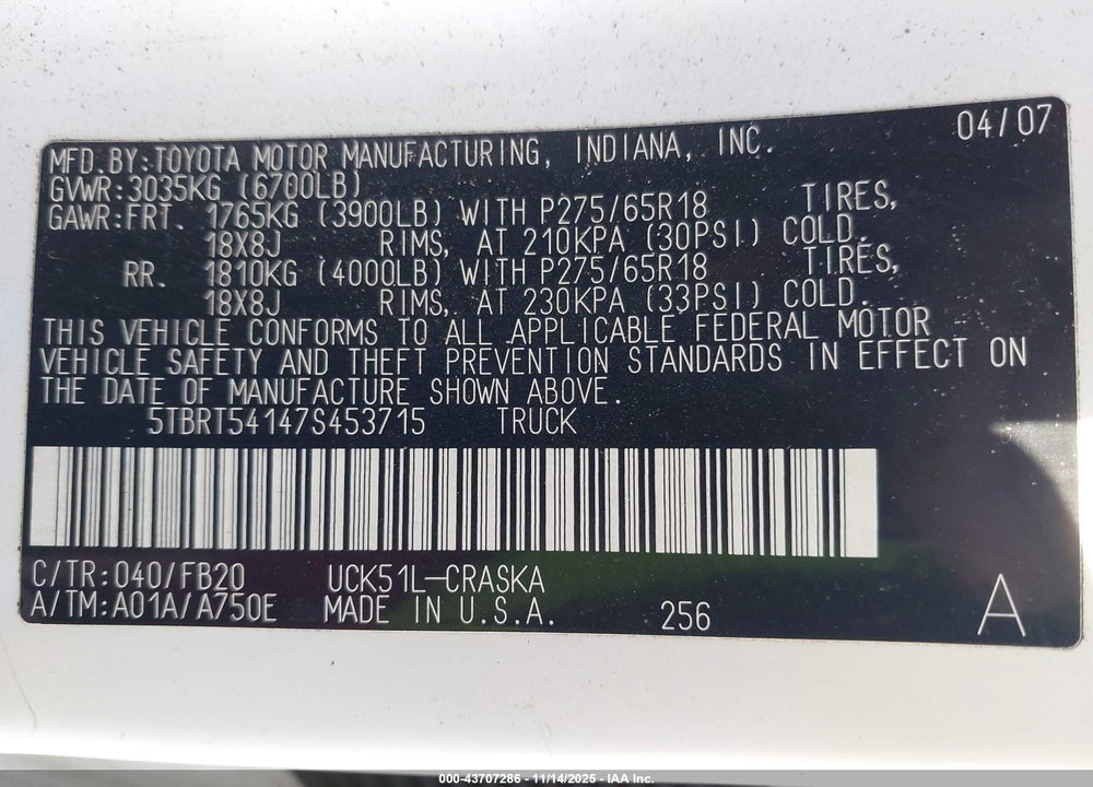 2007 TOYOTA TUNDRA VIN: 5TBRT54147S453715