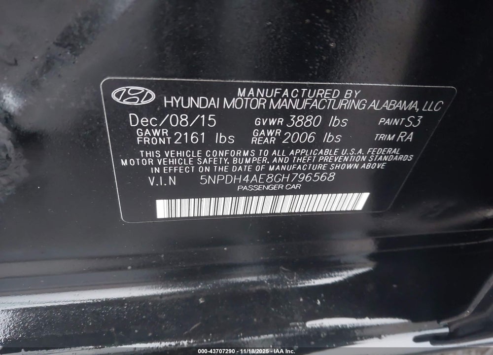 2016 HYUNDAI ELANTRA SE VIN: 5NPDH4AE8GH796568