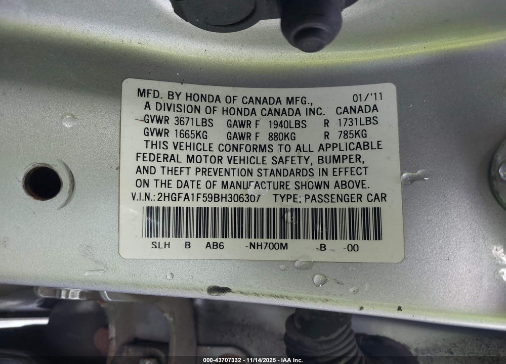 2011 HONDA CIVIC VIN: 2HGFA1F59BH306307