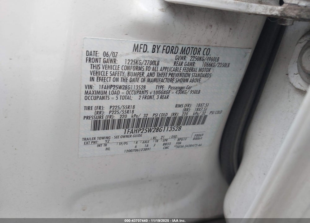 2008 FORD TAURUS VIN: 1FAHP25W28G113528