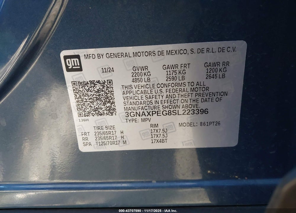 2025 CHEVROLET EQUINOX AWD LT VIN: 3GNAXPEG8SL223396
