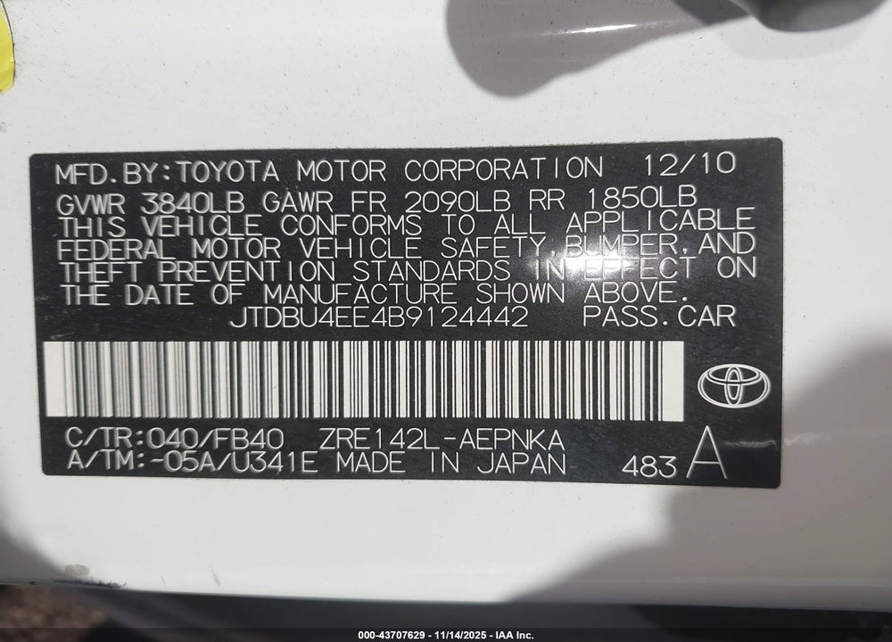 2011 TOYOTA COROLLA LE VIN: JTDBU4EE4B9124442