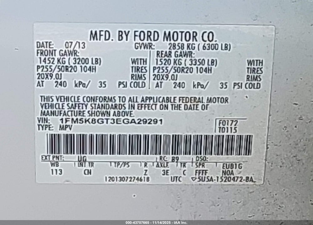 2014 FORD EXPLORER SPORT VIN: 1FM5K8GT3EGA29291