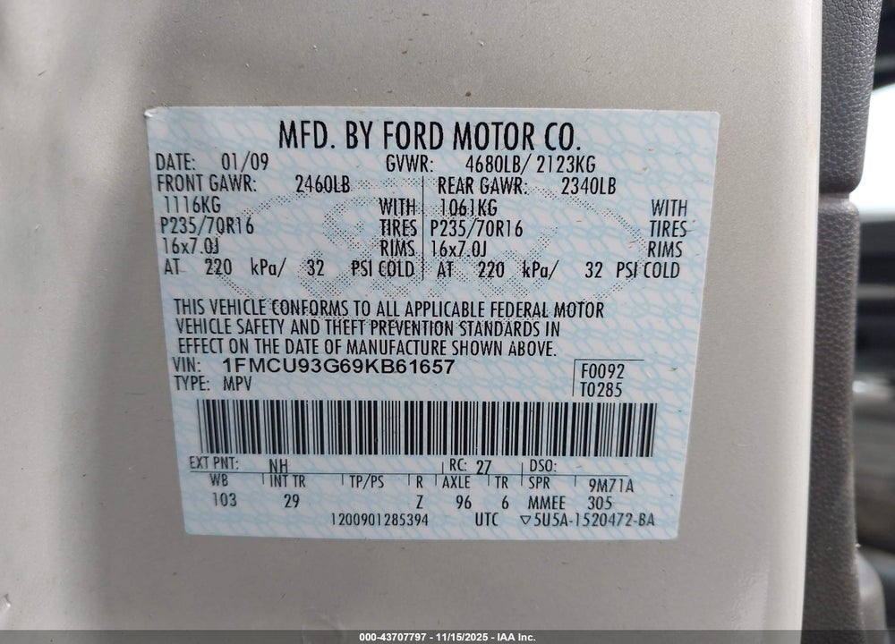 2009 FORD ESCAPE VIN: 1FMCU93G69KB61657