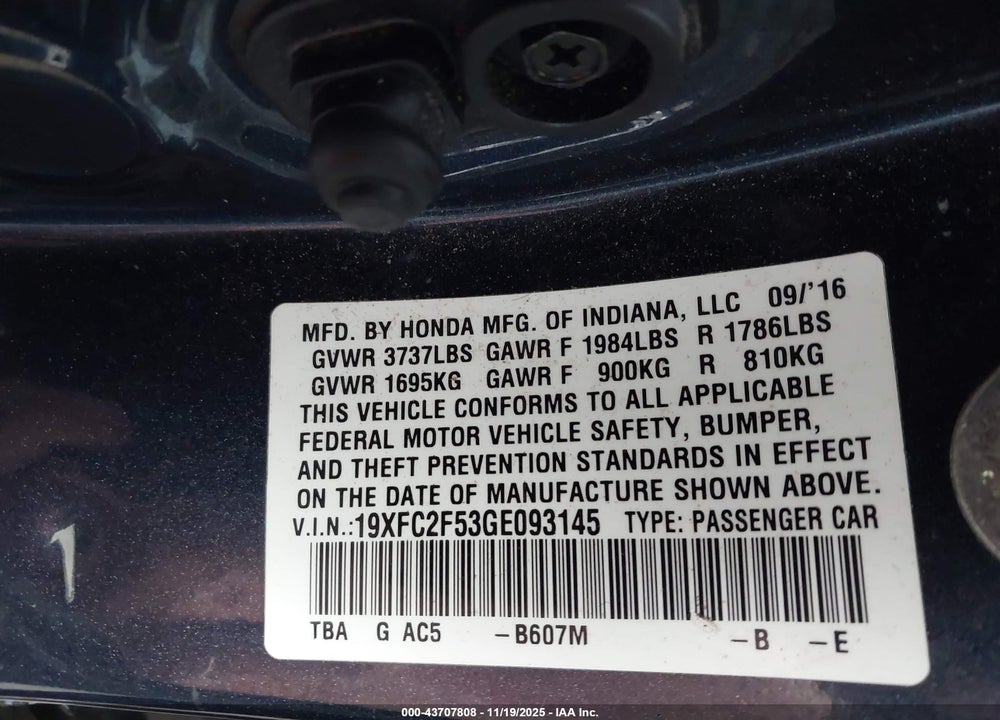 2016 HONDA CIVIC LX VIN: 19XFC2F53GE093145