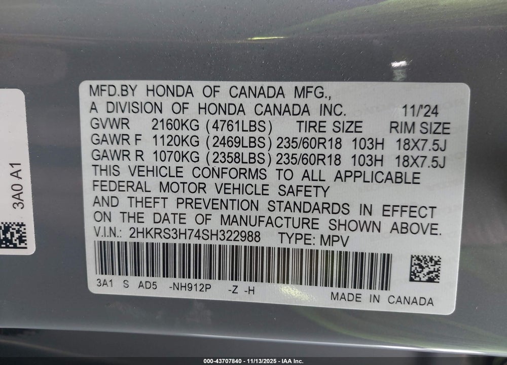 2025 HONDA CR-V EX-L 2WD VIN: 2HKRS3H74SH322988