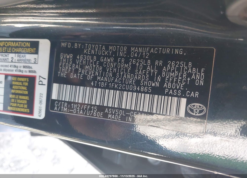 2012 TOYOTA CAMRY SE VIN: 4T1BF1FK2CU094865