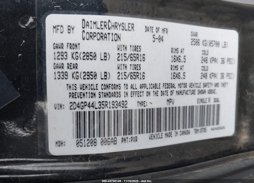 2005 DODGE GRAND CARAVAN SXT VIN: 2D4GP44L35R193492