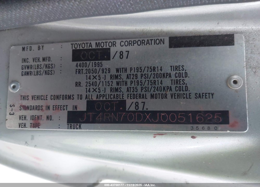 1988 TOYOTA PICKUP XTRACAB RN70 DLX VIN: JT4RN70DXJ0051625