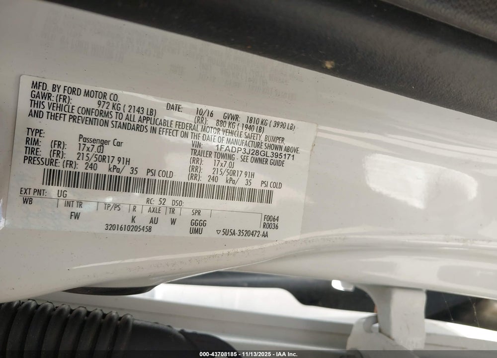 2016 FORD FOCUS TITANIUM VIN: 1FADP3J28GL395171