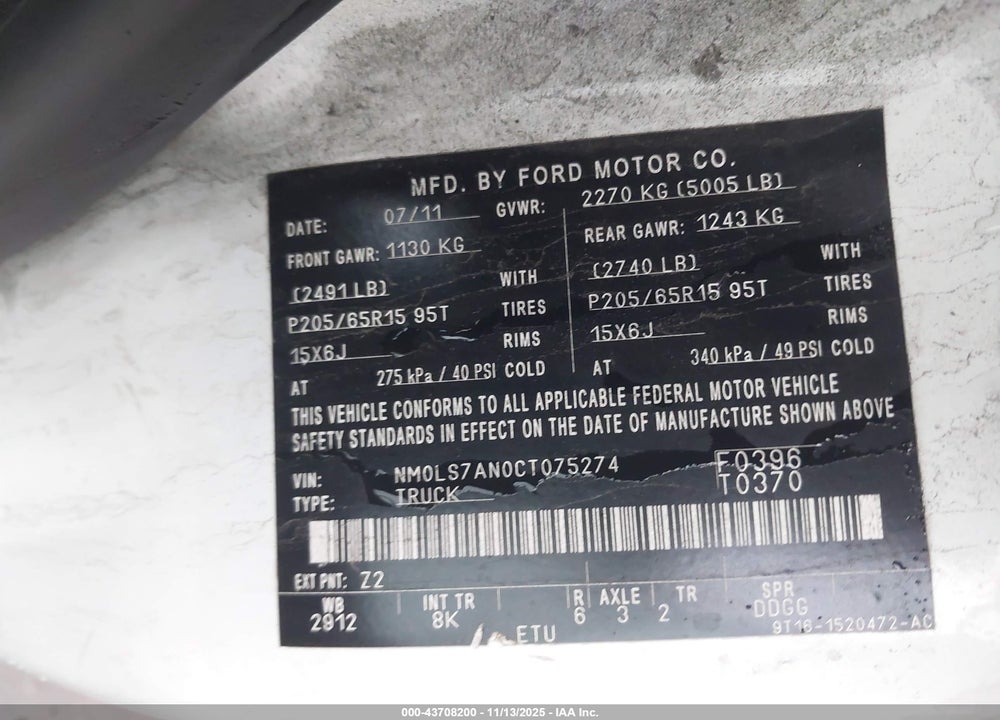 2012 FORD TRANSIT CONNECT XL VIN: NM0LS7AN0CT075274
