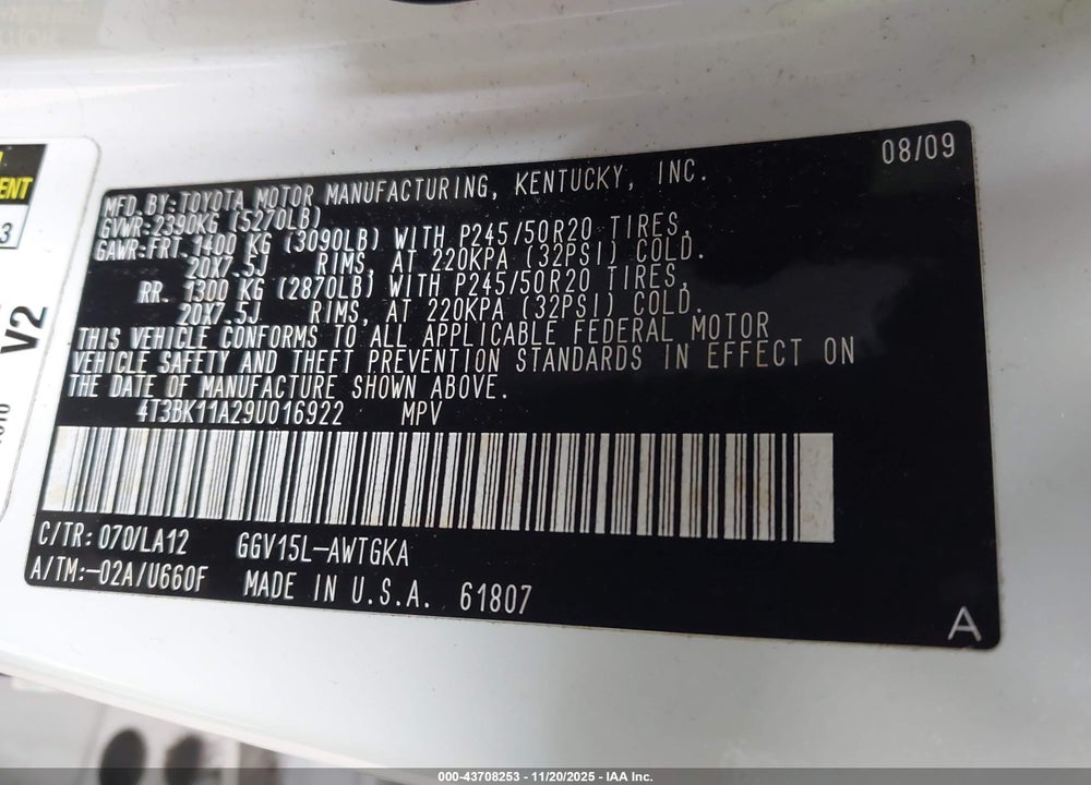 2009 TOYOTA VENZA BASE V6 VIN: 4T3BK11A29U016922