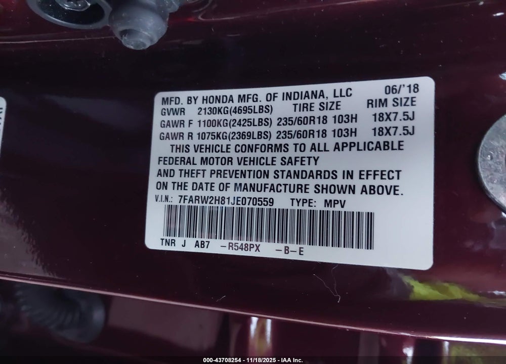 2018 HONDA CR-V VIN: 7FARW2H81JE070559