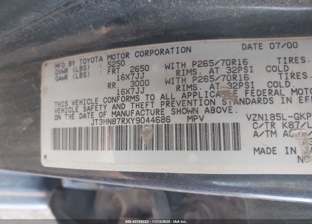 2000 TOYOTA 4RUNNER LIMITED V6 VIN: JT3HN87RXY9044686