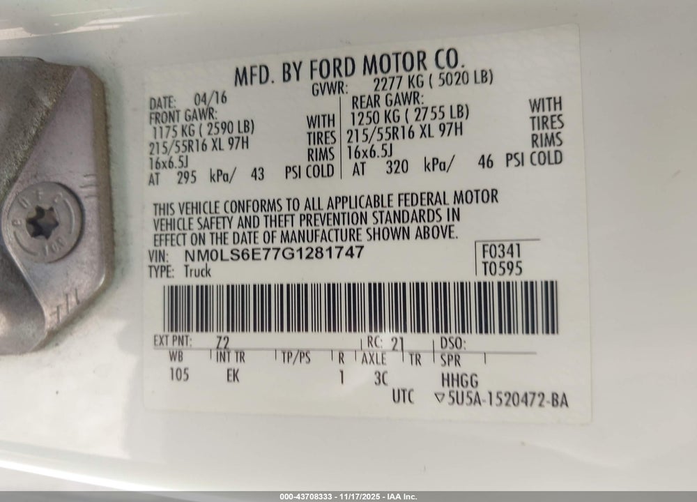 2016 FORD TRANSIT CONNECT XL VIN: NM0LS6E77G1281747