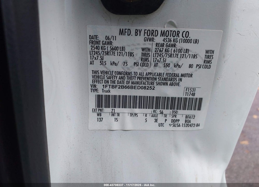 2011 FORD F-250 VIN: 1FTBF2B66BED08252