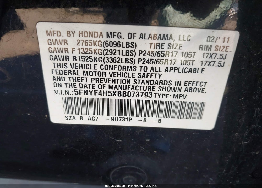 2011 HONDA PILOT EX-L VIN: 5FNYF4H5XBB073793