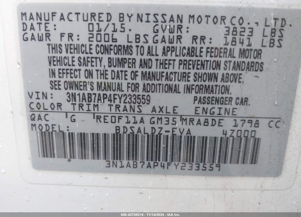 2015 NISSAN SENTRA SV VIN: 3N1AB7AP4FY233559