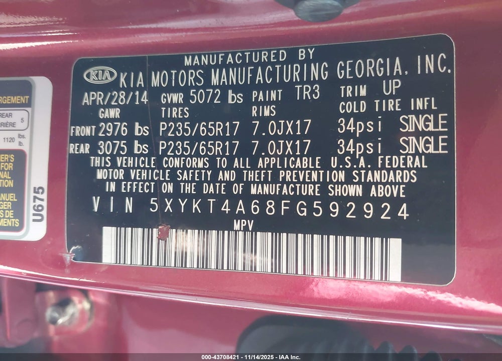 2015 KIA SORENTO LX VIN: 5XYKT4A68FG592924