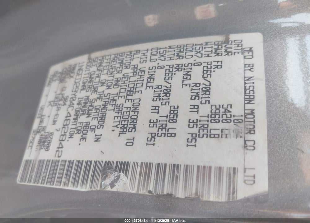 2004 NISSAN FRONTIER XE-V6 VIN: 1N6ED29Y04C482842