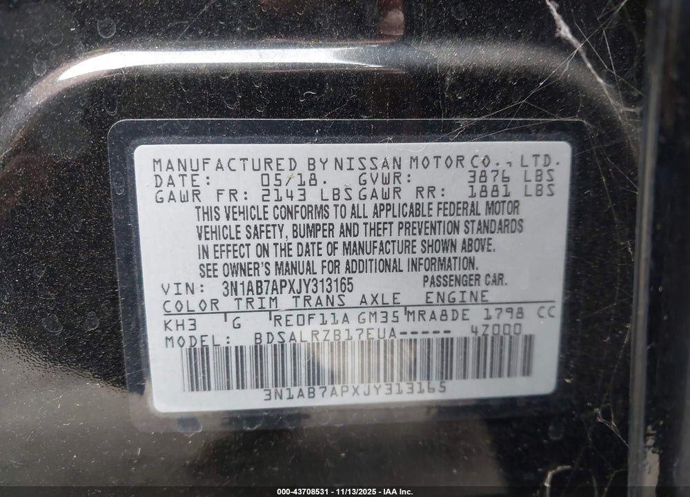 2018 NISSAN SENTRA SR VIN: 3N1AB7APXJY313165