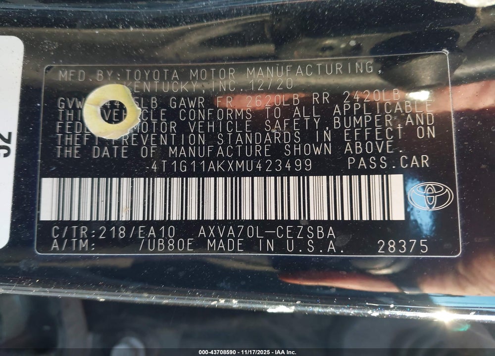 2021 TOYOTA CAMRY SE VIN: 4T1G11AKXMU423499