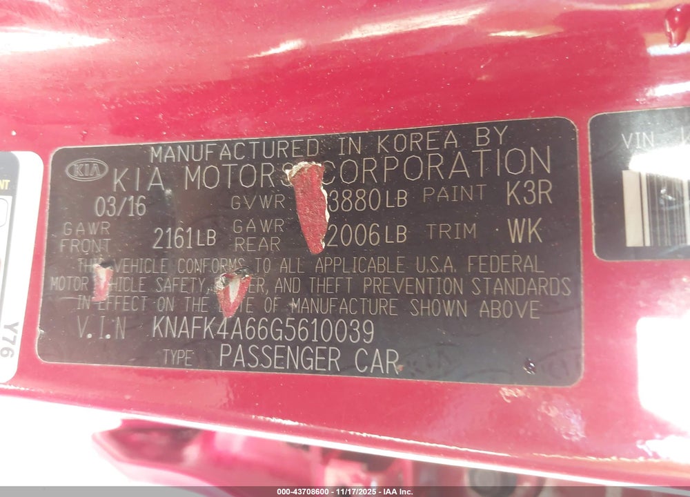 2016 KIA FORTE LX VIN: KNAFK4A66G5610039