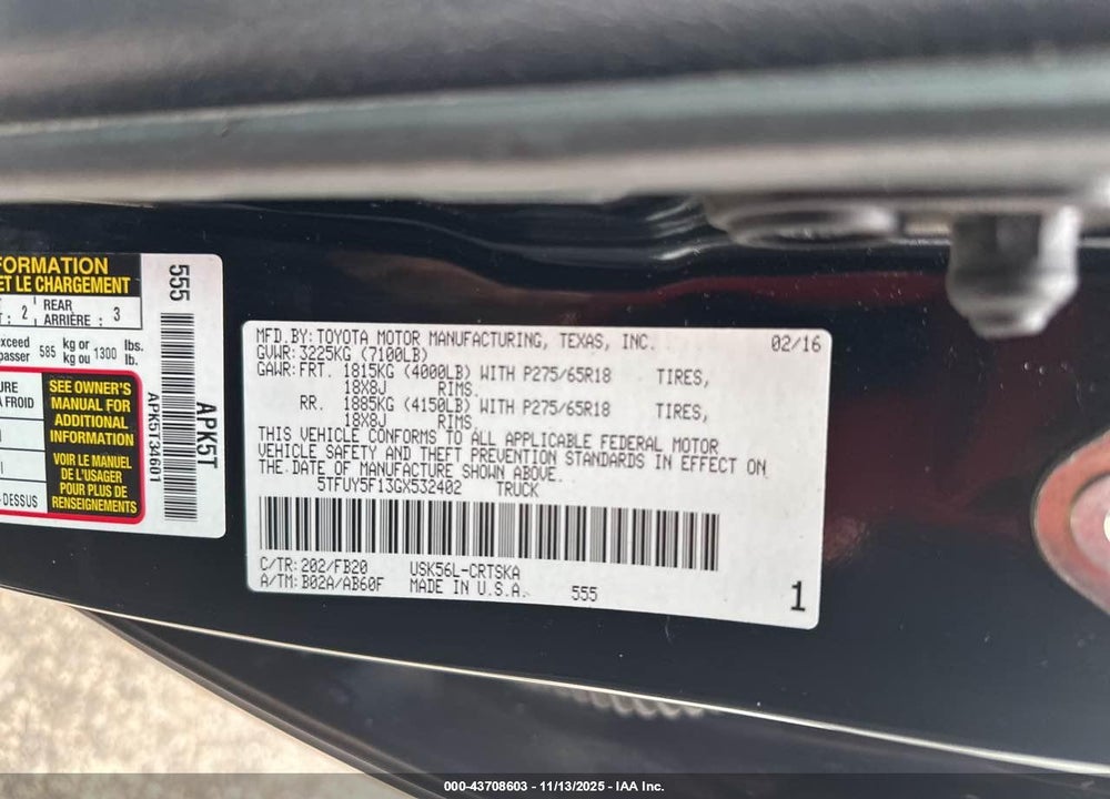 2016 TOYOTA TUNDRA VIN: 5TFUY5F13GX532402