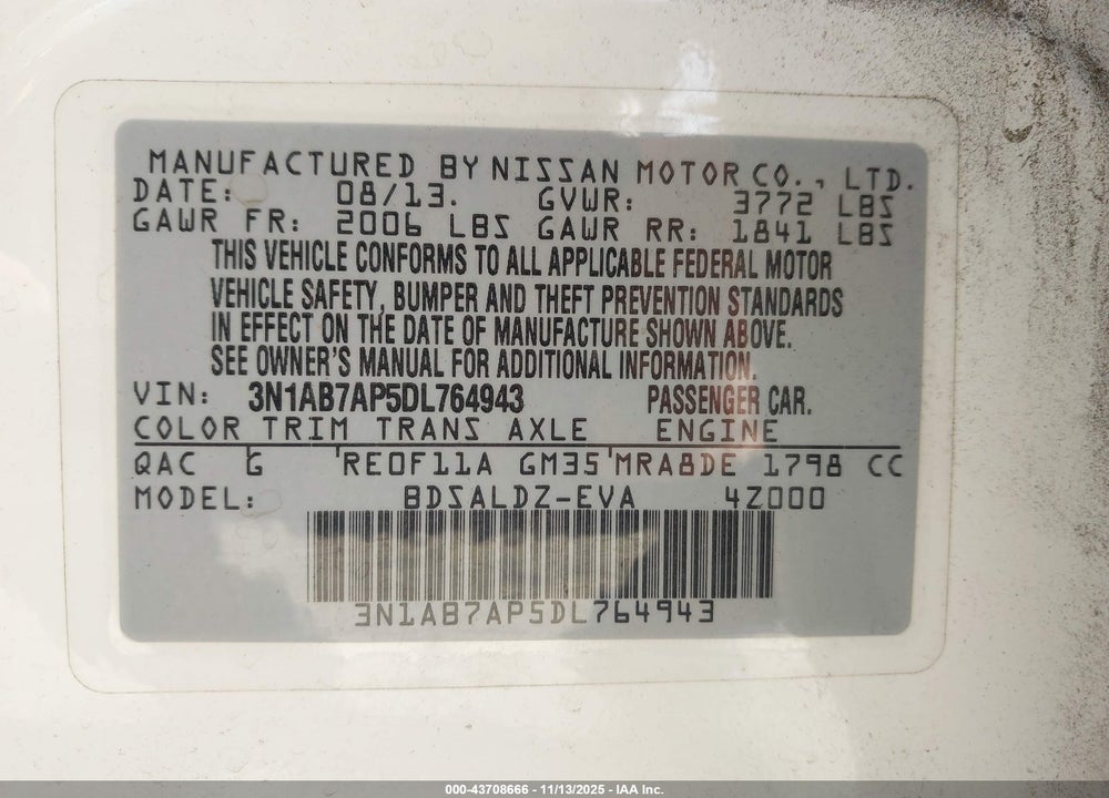 2013 NISSAN SENTRA VIN: 3N1AB7AP5DL764943