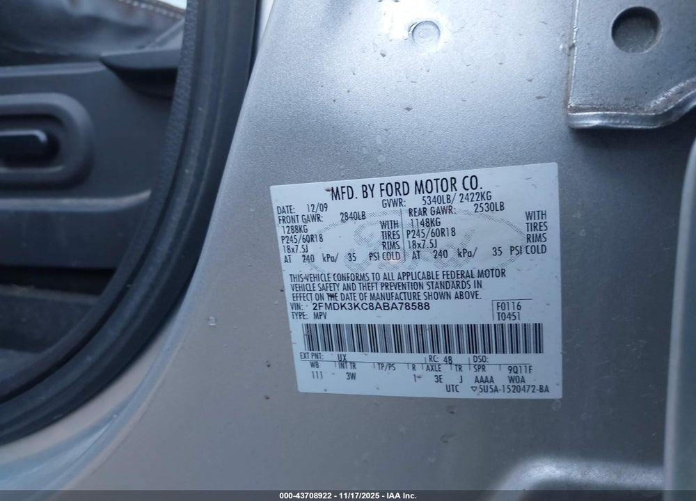 2010 FORD EDGE LIMITED VIN: 2FMDK3KC8ABA78588